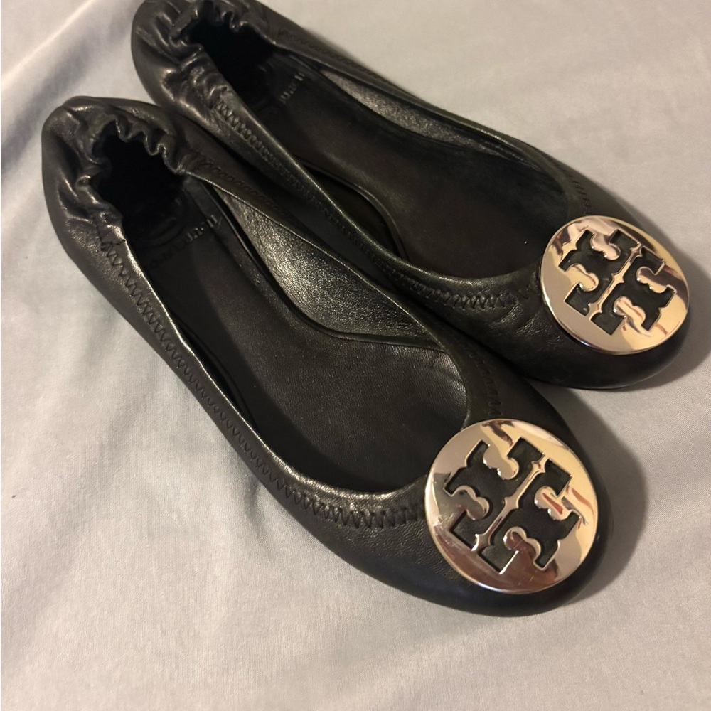 Tory Burch Black Leather Logo Ballet Flats with Gold Medallions
